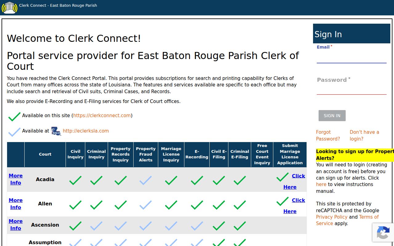 Lafourche Parish case search ClerkConnect portal reference