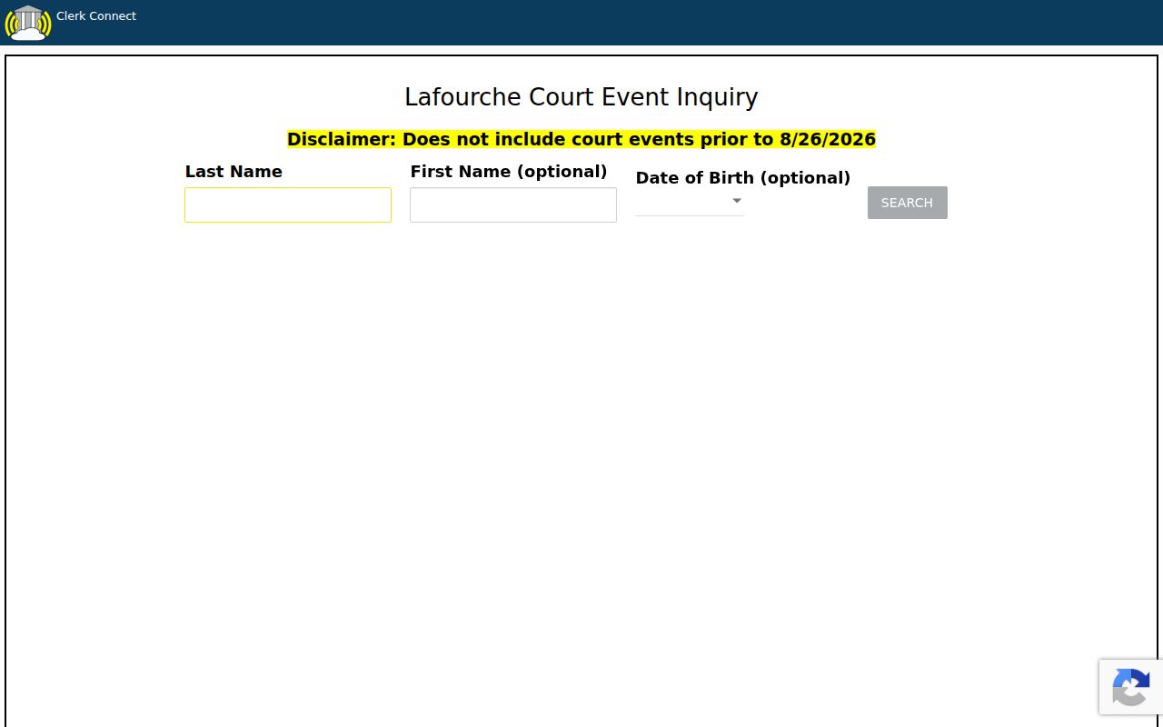 Lafourche Court Date Finder search interface