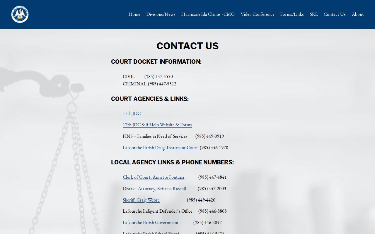 17th Judicial District Court Lafourche contact and docket information