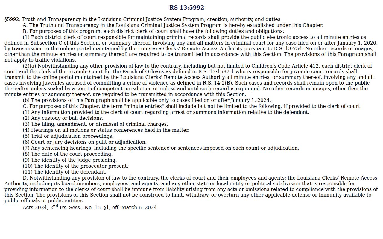Louisiana criminal minute-entry access statute reference