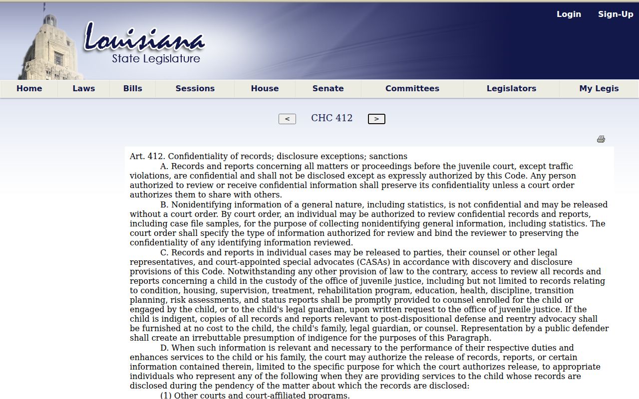 Louisiana juvenile-record confidentiality statute reference
