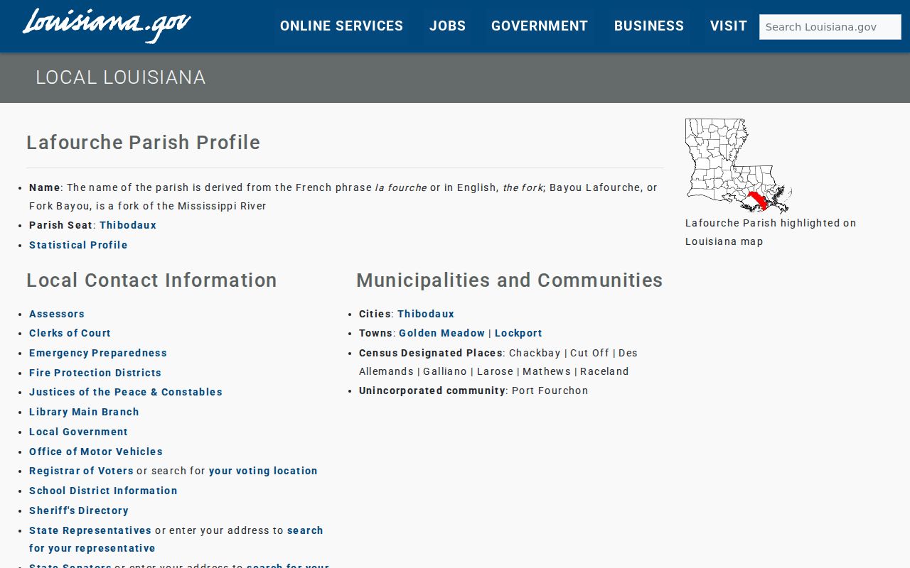 Louisiana official Lafourche Parish municipality profile
