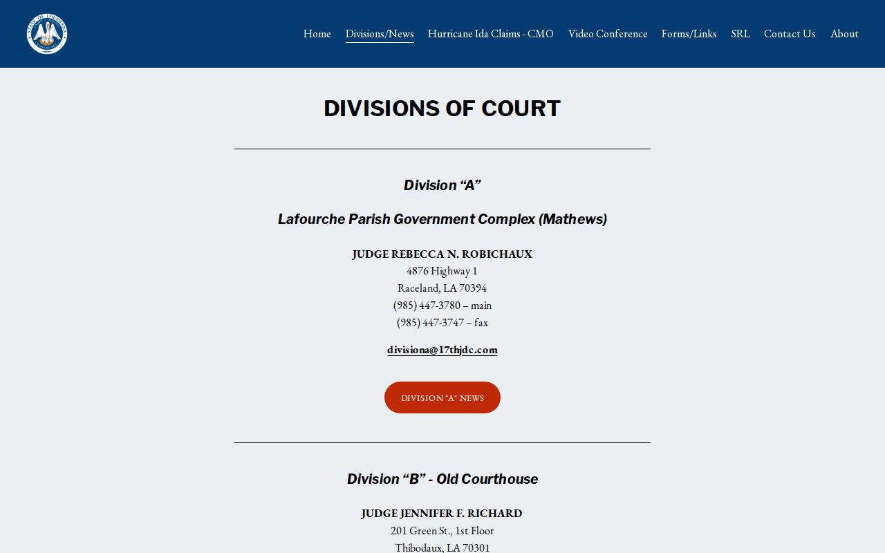 17th Judicial District Court Lafourche Parish divisions and office routing