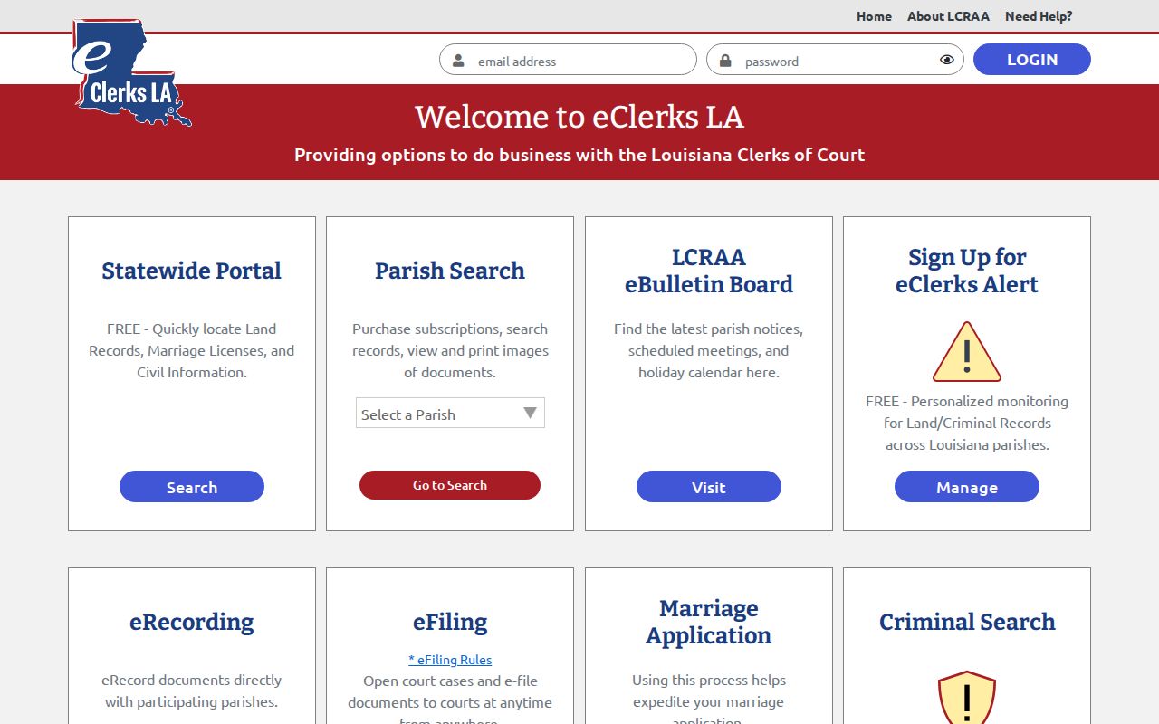 eClerks LA statewide, parish, and criminal access options