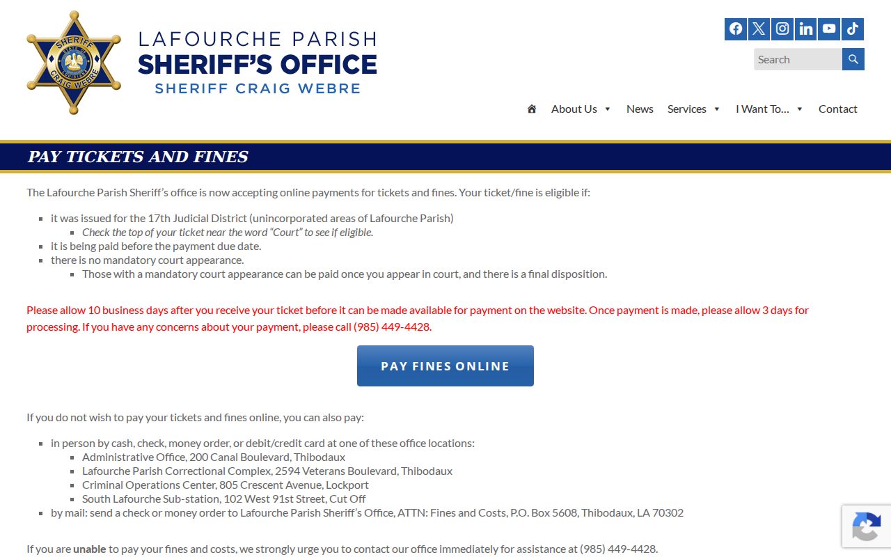 Lafourche Parish Sheriff's Office fines and costs information